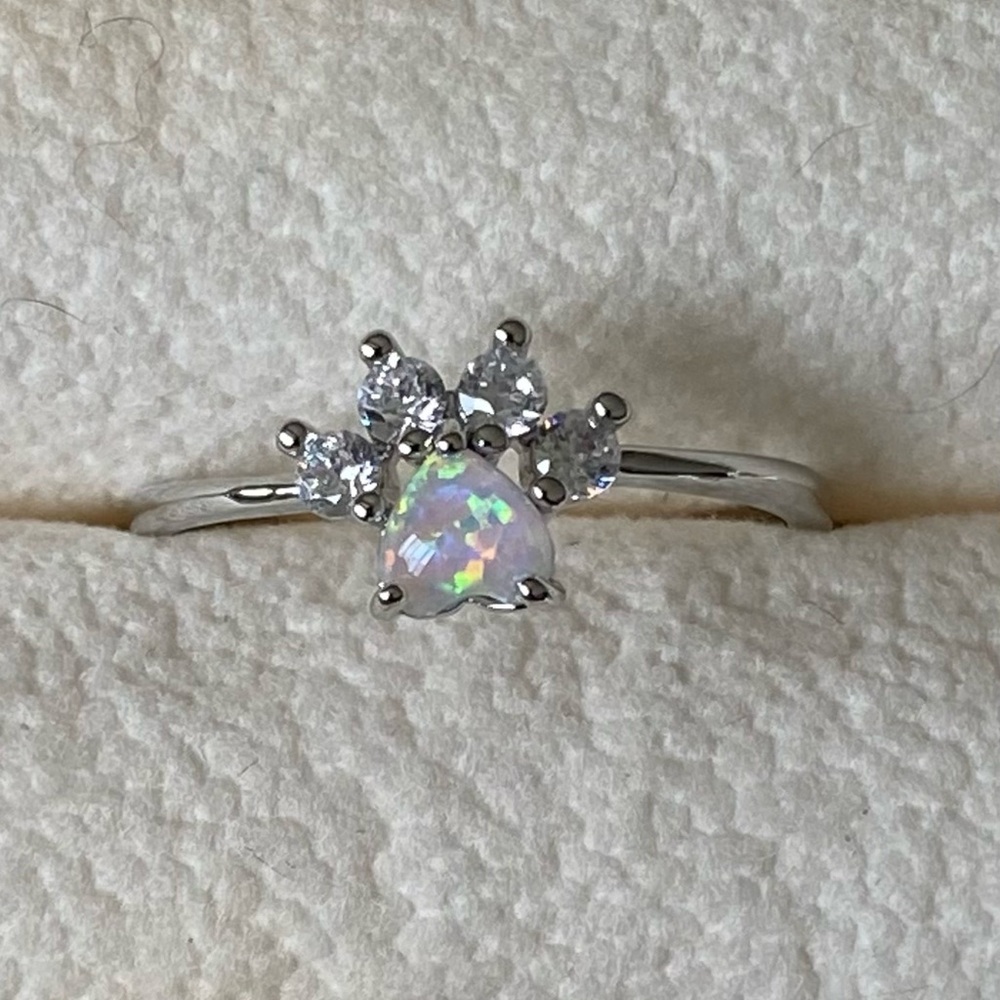 925 sterling silver opal pet paw love ring size 9